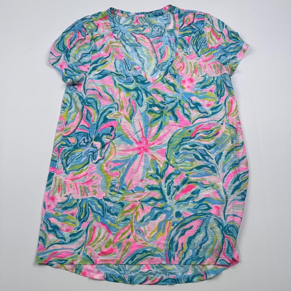 Lilly Pulitzer Shirt Womens XS Pink Blue Green V Neck Tropical Print Tunic